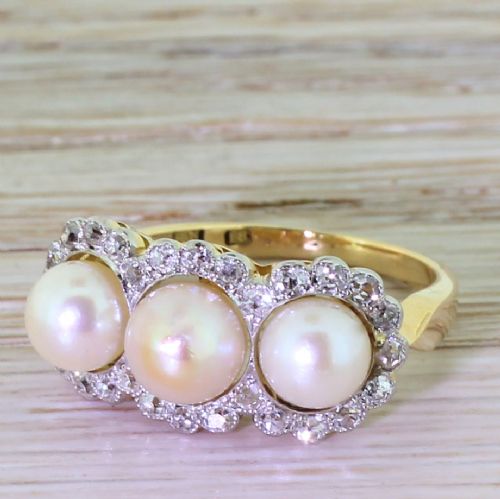 Art Deco Pearl & Old Cut Diamond Triple Cluster Ring, Circa 1925
