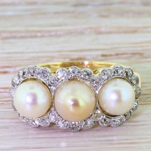 fig 1. Art Deco Pearl & Old Cut Diamond Triple Cluster Ring, circa 1925
