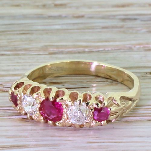 Victorian Ruby & Old Cut Diamond Five Stone Ring, Circa 1890
