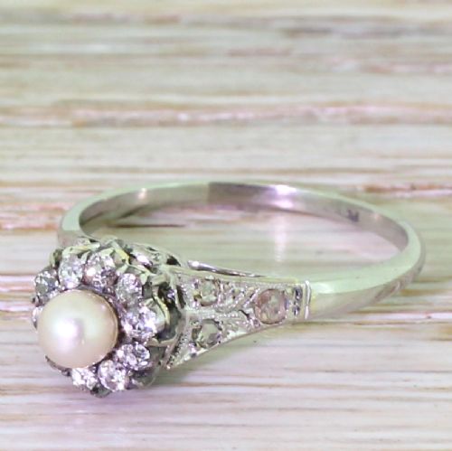 Art Deco Natural Pearl & Old Cut Diamond Cluster Ring, Circa 1930

