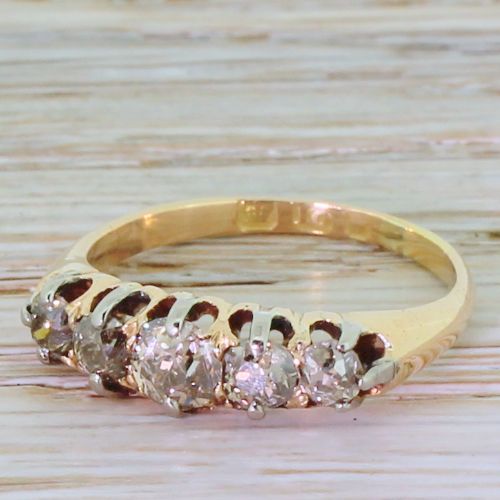 Victorian 0.90 Carat Natural Fancy Cognac Old Cut Diamond Five Stone Ring, Circa 1900
