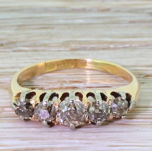 fig 1. Victorian 0.90 Carat Natural Fancy Cognac Old Cut Diamond Five Stone Ring, circa 1900