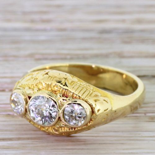 Mid Century 0.75 Carat Old Cut Diamond Trilogy Ring, Circa 1950
