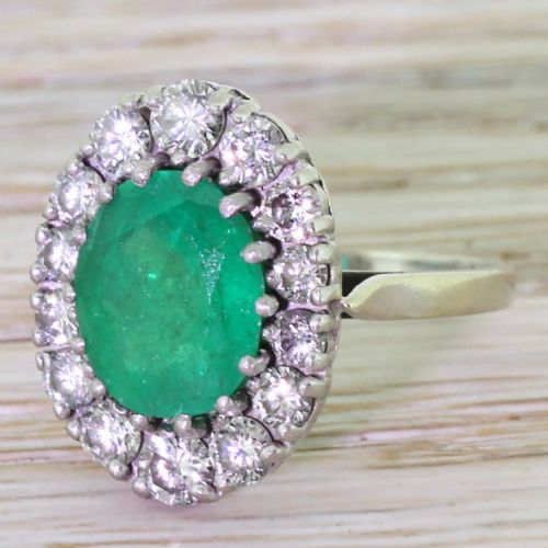 Mid Century 3.00 Carat Emerald & Diamond Cluster Ring, French, Circa 1950

