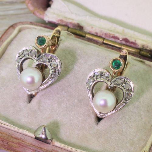 Art Deco Rose Cut Diamond, Emerald & Pearl Heart Earrings, Circa 1935
