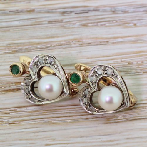 fig 1. Art Deco Rose Cut Diamond, Emerald & Pearl Heart Earrings, circa 1935