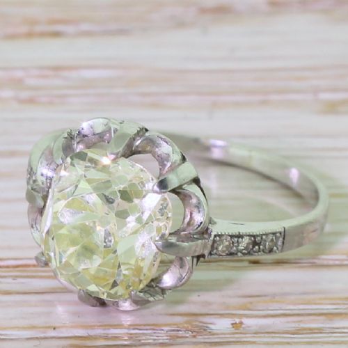 Art Deco 3.28 Carat Light Greenish Yellow Old Mine Cut Diamond Engagement Ring, Circa 1925
