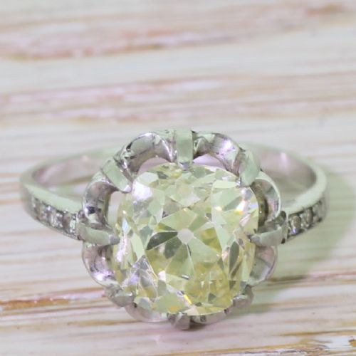 fig 1. Art Deco 3.28 Carat Light Greenish Yellow Old Mine Cut Diamond Engagement Ring, circa 1925