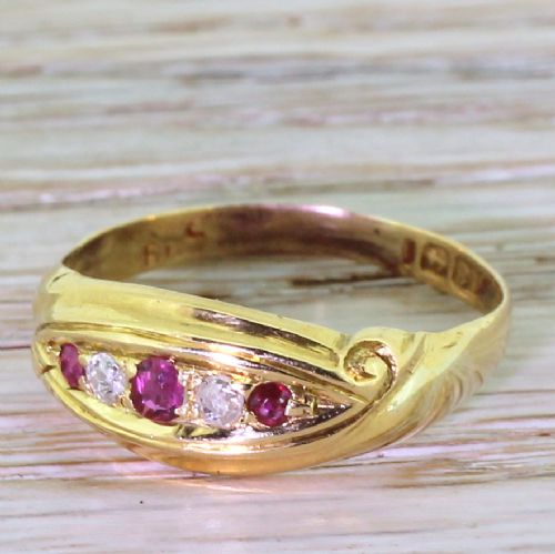 Victorian Ruby & Old Cut Diamond Five Stone Ring, Circa 1890
