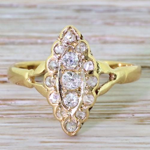 fig 1. Victorian 0.41 Carat Old Cut & Rose Cut Diamond Navette Ring, circa 1900