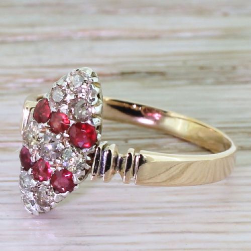 Art Deco Ruby & Old Cut Diamond “Twist” Navette Ring, Circa 1920
