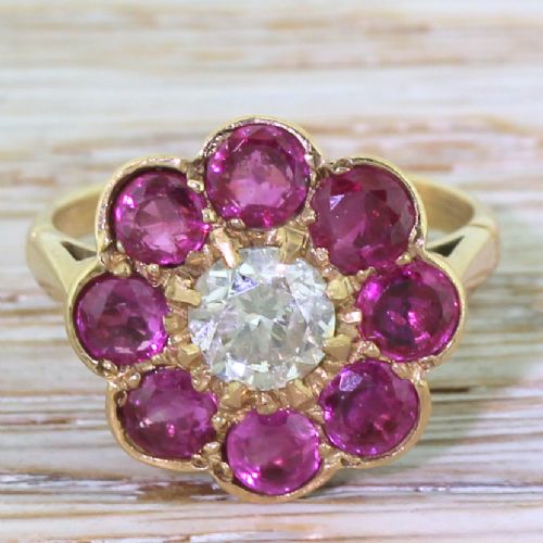 fig 1. Retro 0.89 Carat Transitional Cut Diamond & Ruby Daisy Cluster, circa 1945
