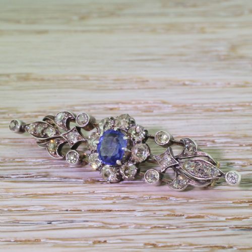 Art Nouveau Sapphire & Old Cut Diamond Bar Brooch, Circa 1890
