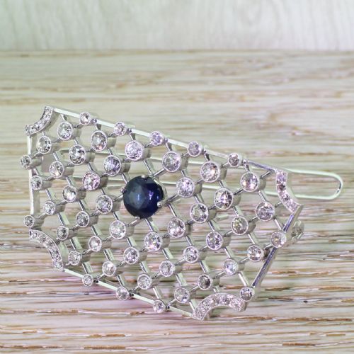 Art Deco Old Cut Diamond & Sapphire Lattice Barrette, Circa 1925
