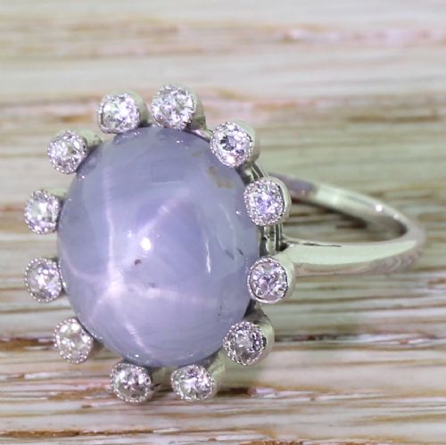 Edwardian 12.00 Carat Star Sapphire & Old Cut Diamond Ring, Circa 1910
