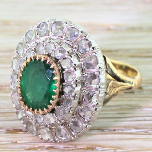 Retro 1.80 Carat Emerald & Rose Cut Diamond Cocktail Ring, Circa 1945
