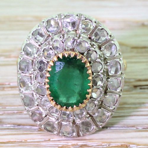 fig 1. Retro 1.80 Carat Emerald & Rose Cut Diamond Cocktail Ring, circa 1945