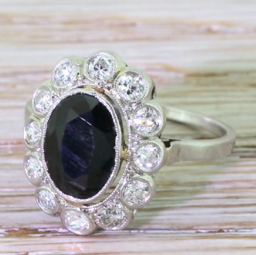 Mid Century 2.00 Carat Sapphire & Diamond Cluster Ring, French, Circa 1950
