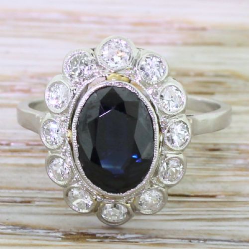 fig 1. Mid Century 2.00 Carat Sapphire & Diamond Cluster Ring, French, circa 1950