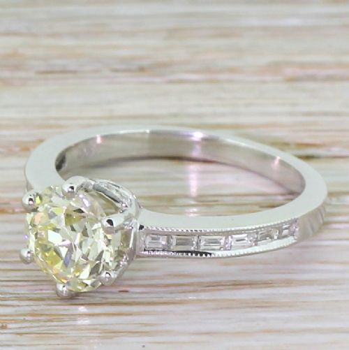 1.56 Carat Fancy Light Yellow Old Cut Diamond Engagement Ring, 18k White Gold
