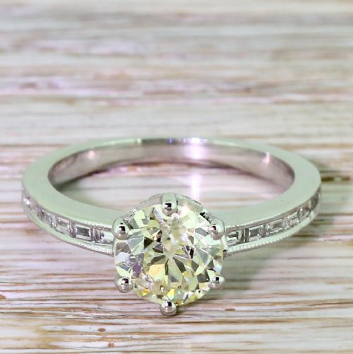 fig 1. 1.56 Carat Fancy Light Yellow Old Cut Diamond Engagement Ring, 18k White Gold
