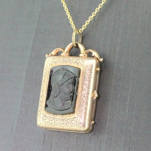 Victorian Carved Whitby Jet & Gold Roman Revival Locket, Circa 1880
