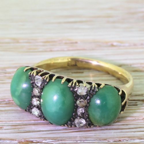 Victorian Green Turquoise & Rose Cut Diamond Trilogy Ring, Circa 1880
