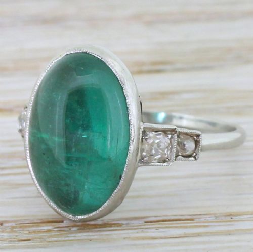 Edwardian 6.57 Carat Cabochon Emerald Solitaire Ring, Circa 1910
