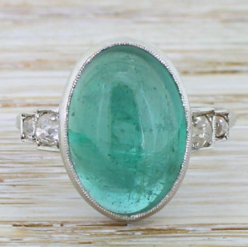 fig 1. Edwardian 6.57 Carat Cabochon Emerald Solitaire Ring, circa 1910
