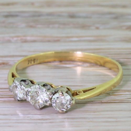 Art Deco 0.55 Carat Old Cut Diamond Three Stone Ring, Circa 1930
