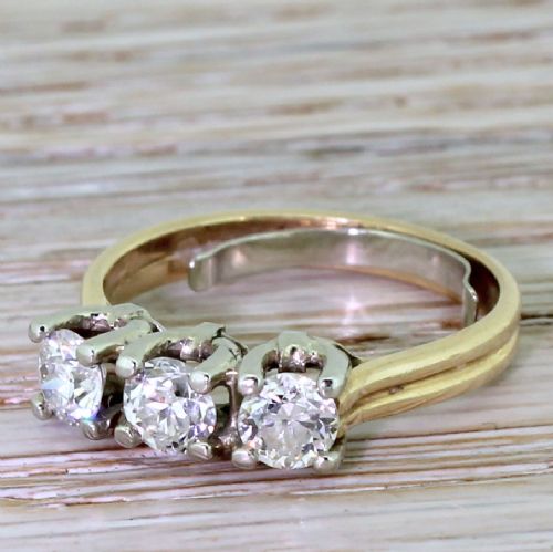 Mid Century 1.20 Carat Old European Cut Diamond Trilogy Ring, Circa 1950
