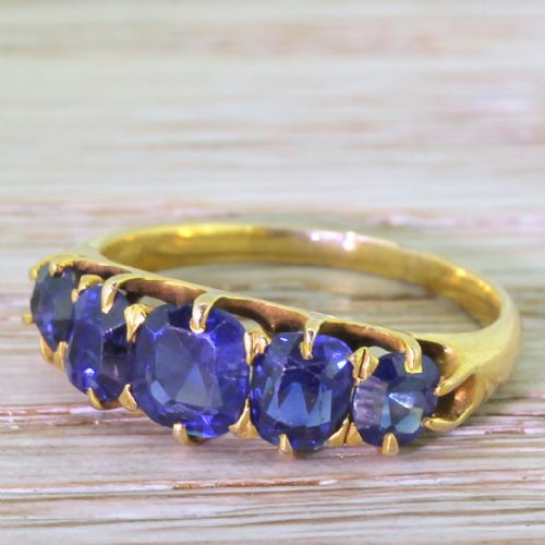 Victorian 2.50 Carat Natural Sapphire Five Stone Ring, Circa 1870
