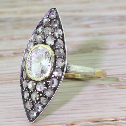 Victorian 1.13 Carat Old Cut & Rose Cut Diamond Navette Ring, Circa 1860
