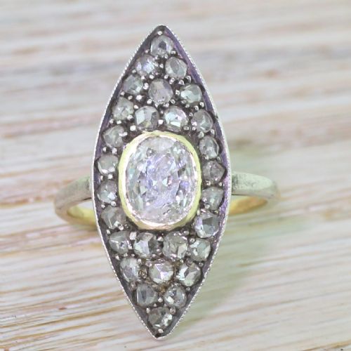 fig 1. Victorian 1.13 Carat Old Cut & Rose Cut Diamond Navette Ring, circa 1860
