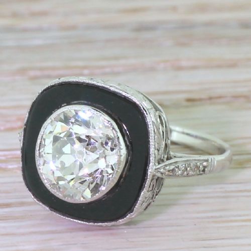 Art Deco 3.02 Carat Old Cut Diamond & Onyx Engagement Ring, French, Circa 1930
