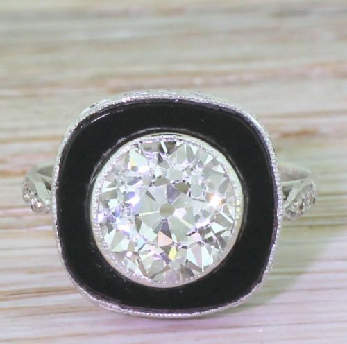 fig 1. Art Deco 3.02 Carat Old Cut Diamond & Onyx Engagement Ring, French, circa 1930
