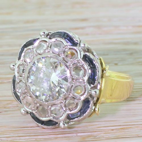 Art Deco 1.97 Carat Old Cut Diamond, Rose Cut Diamond & Sapphire Cluster Ring, Circa 1940
