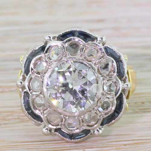 fig 1. Art Deco 1.97 Carat Old Cut Diamond, Rose Cut Diamond & Sapphire Cluster Ring, circa 1940
