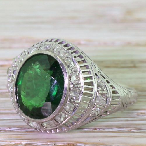 Art Deco 3.25 Carat Tsavorite & Old Cut Diamond Ring, Circa 1925
