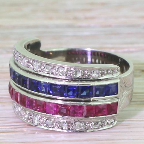 Art Deco Sapphire, Ruby & Rose Cut Diamond Four Row Ring, Circa 1935
