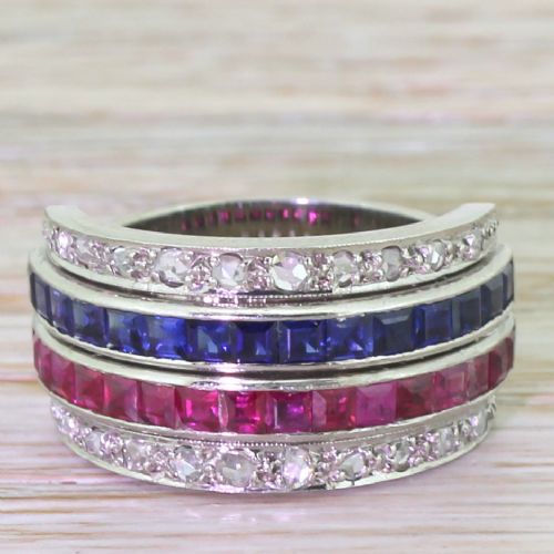 fig 1. Art Deco Sapphire, Ruby & Rose Cut Diamond Four Row Ring, circa 1935