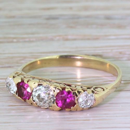 Victorian Old Cut Diamond & Ruby Five Stone Ring, Circa 1900
