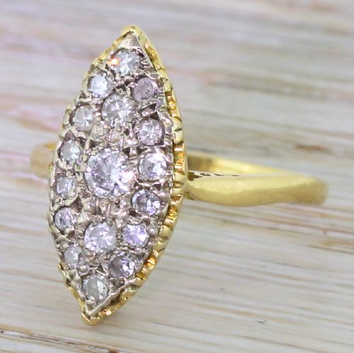 Retro 0.55 Carat Transitional Cut Diamond Navette Ring, Circa 1945

