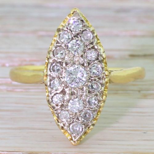 fig 1. Retro 0.55 Carat Transitional Cut Diamond Navette Ring, circa 1945