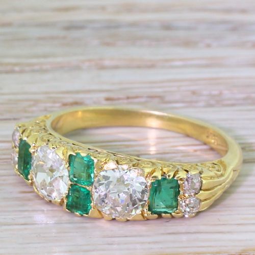 Edwardian 1.85 Carat Old Cut Diamond & Emerald Half Hoop Ring, Circa 1905
