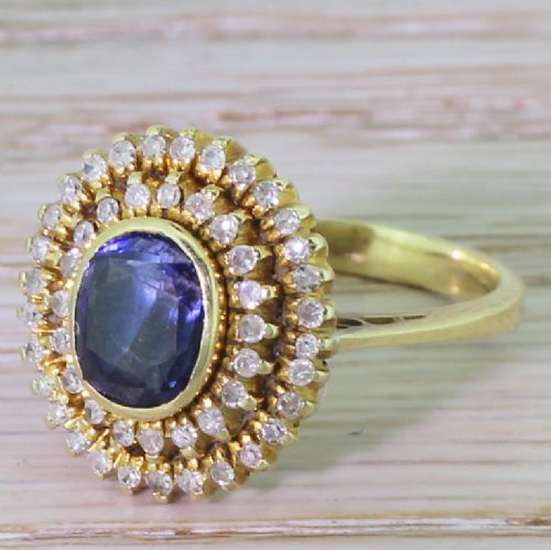 Mid Century 1.00 Carat Sapphire & Diamond Double Cluster Ring, Circa 1950

