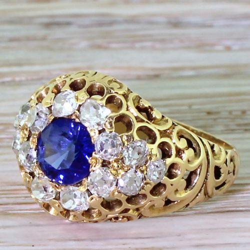 Edwardian Sapphire & Old Cut Diamond Filigree Cluster Ring, Circa 1905
