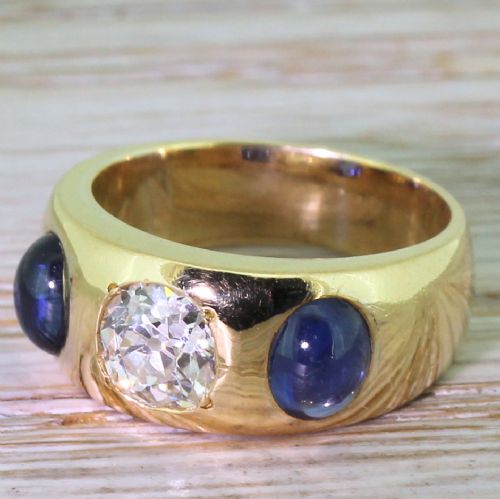 Victorian 0.90 Carat Old Cut Diamond & Cabochon Sapphire Trilogy Ring, Circa 1900
