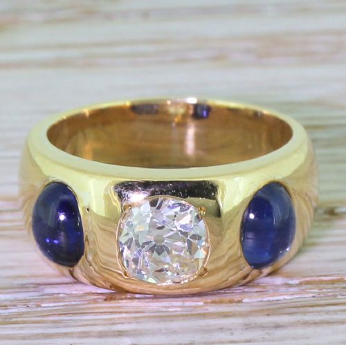 fig 1. Victorian 0.90 Carat Old Cut Diamond & Cabochon Sapphire Trilogy Ring, circa 1900
