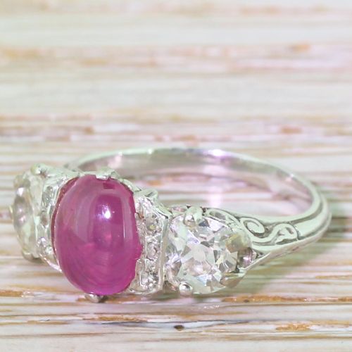 Art Deco 1.53 Carat Ruby & Old Cut Diamond Trilogy Ring, French, Circa 1930
